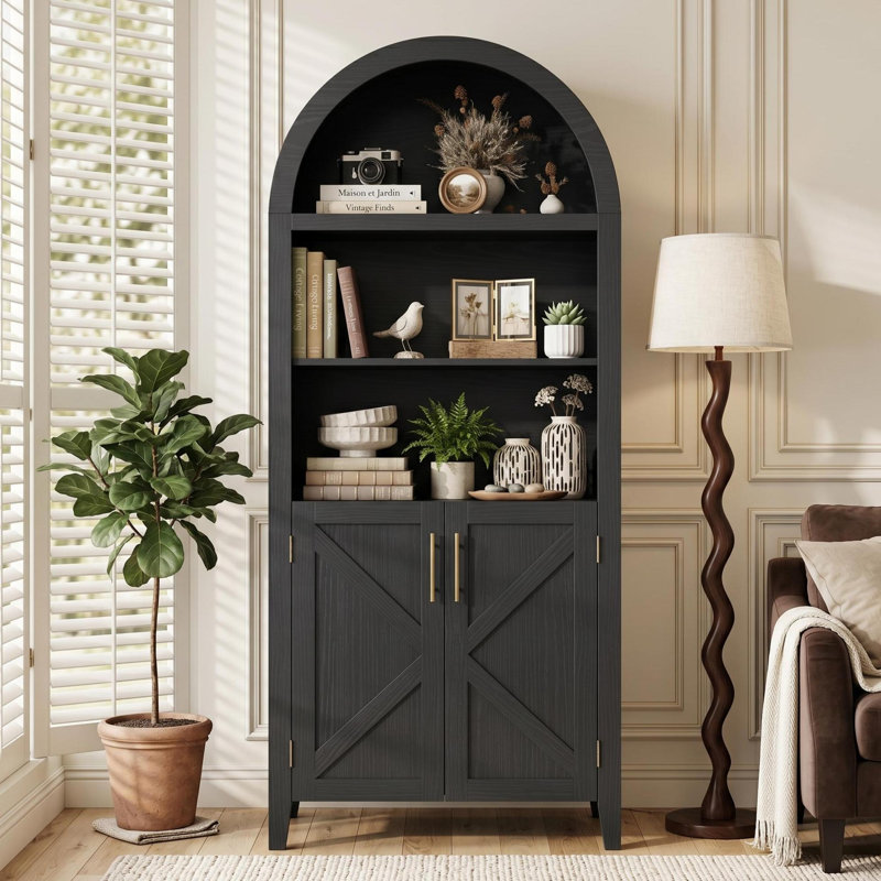 Bibliothèque arquée 63 "avec 2 portes décoratives en croix, armoire de rangement Farmhouse Pantry avec tablette ouverte, pour la cuisine, la salle à manger, le salon, noir