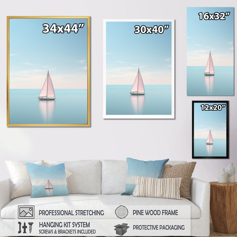«Coastal Calm» rose et bleu voilier photo sur toile, H 32 po x l 24 po x P 1 po, Cadre naturel flottant