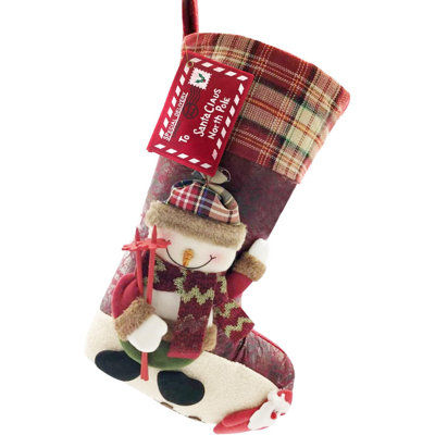 Chaussette de Noël 21 pouces à motif écossais de bonhomme de neige avec père Noël en forme de grand et bonhomme de neige en peluche 3D