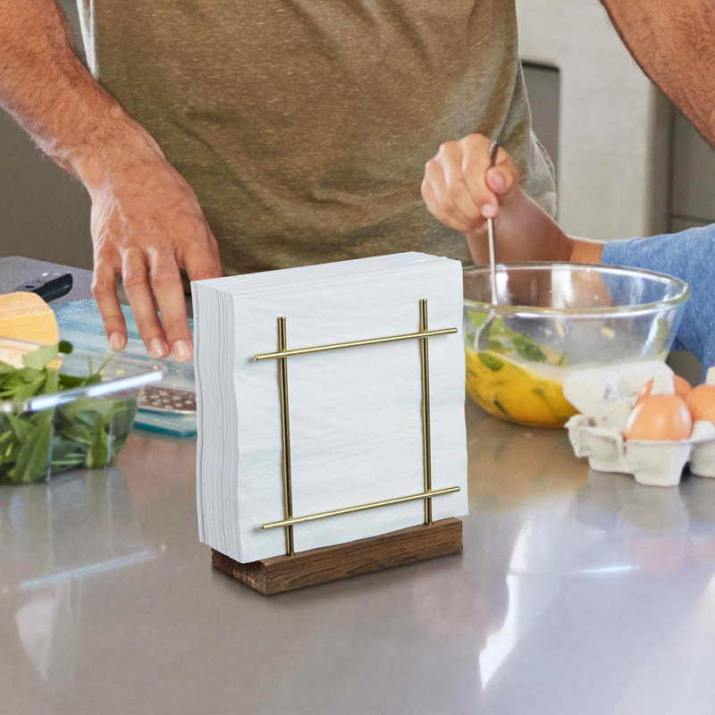 Napkin Holders For Table , Kitchen, Brass,Tone Wire Metal Napkin Dispenser With Wood Base, Modern Farmhouse Tabletop Dining Decor For Home,Cafe,Restaurant