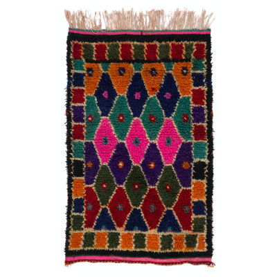Multicolor Handmade Tulu Rug Made of Wool. Vintage Bohemian Eclectic Style Accent Rug