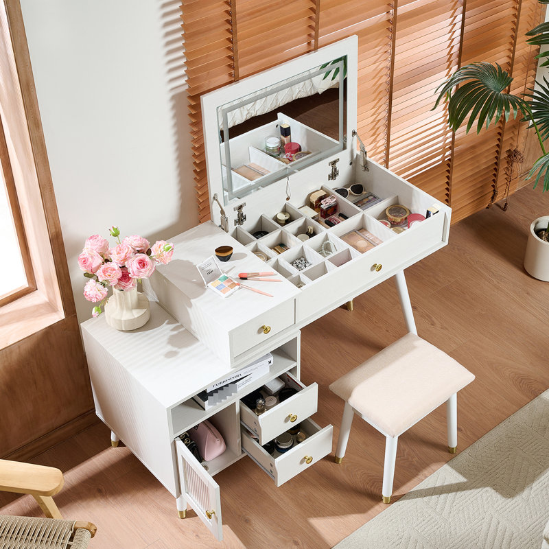 31 coiffeuse avec 3 lumières à DEL, table de chevet coulissante et tabouret - idéale pour la vie