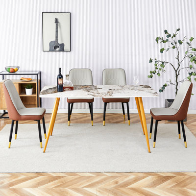 White Marble Pattern Sintered Stone Dining Table And Chair , Golden Metal Legs, 4 Comfortable Pu Seats, Black Heat Modern Minimalist With Desktop Chairs Seats Allergy