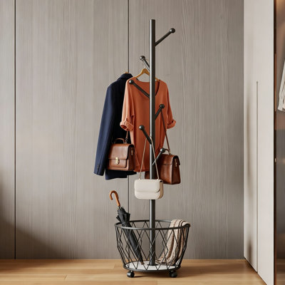 Freestanding Metal Coat Rack Stand with Basket, 6 Double-Pronged Hooks, 360° Rotating, Stable and Moveable for Entryway, Bedroom, Corner