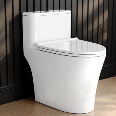 Symmetry 12 In. Rough In Size One-Piece 1/1.28 GPF Dual Flush Compact Elongated Toilet In White, Soft Close Seat Included