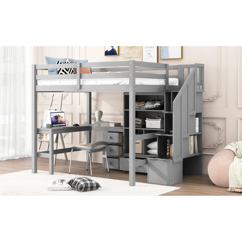 Pas besoin de lit mezzanine double Spring Box avec bureau en forme de L et tiroirs, Gris