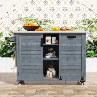 Extendable Outdoor Kitchen Island, Grill Cart with Stainless Steel Top and Trash Storage for Garden