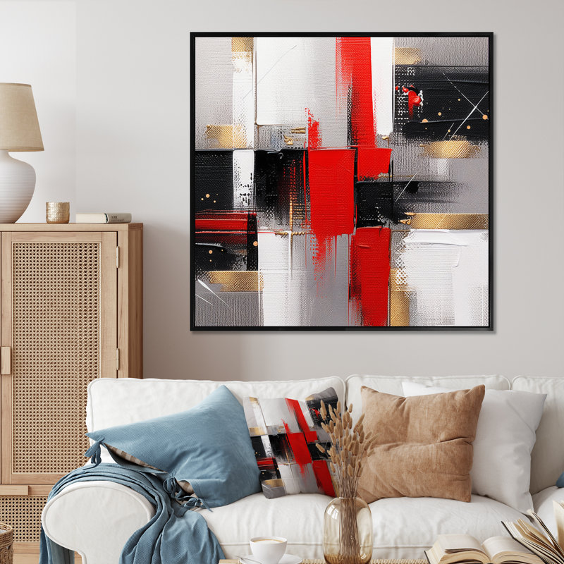 «Red and Gold Cubic Abstract I», reproduction sur toile, Cadre flottant noir, H 30 po x l 30 po x P 1 po