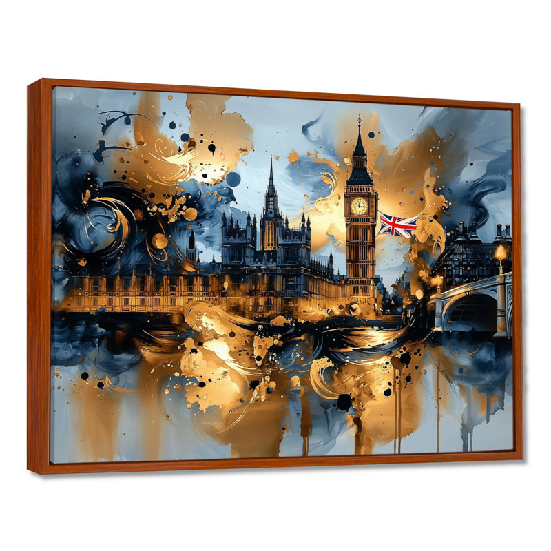 London Big Ben Glow On Gold IV - art mural de Londres, Brun, Impression encadrée flottante, H 16 po x l 32 po