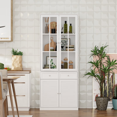 White Freestanding Kitchen Storage Cabinet With Glass Doors & Drawers