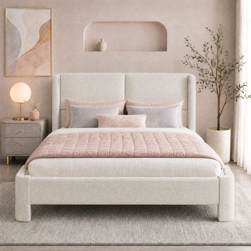 Structure de lit rembourrée avec tête de lit et ports USB, conception en nuage, aucun sommier nécessaire, blanc crème, Double