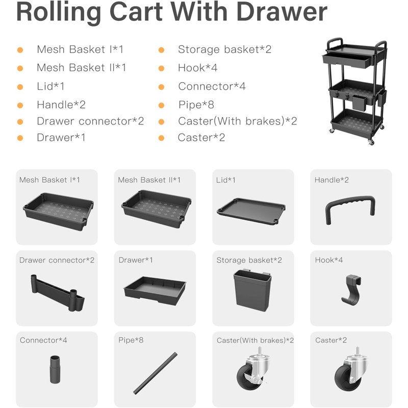 Black 3-Tier Rolling Utility Cart with Drawer and Handle
