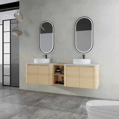 Wall-Mounted Bathroom Vanity With Ceramic Art Sink, and Storage Shelves, Soft-Close Door