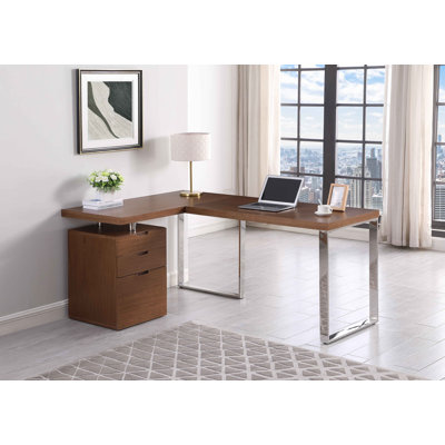 Reversible Wooden Home Office Desk w/ 3-Drawer Cabinet & Steel Base