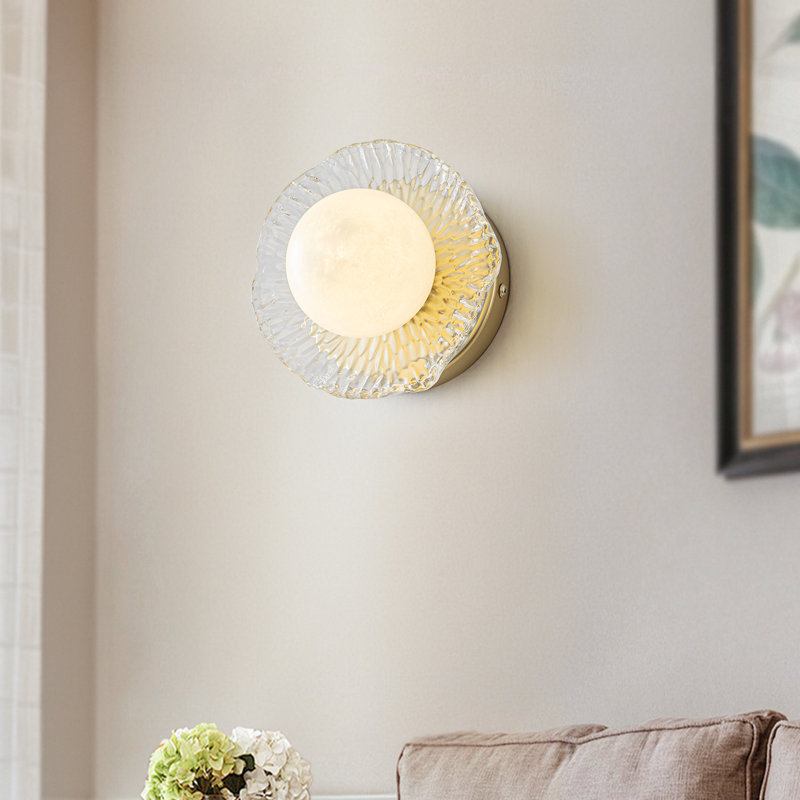 5.91" Modern Gold Flush Mount Wall Sconce with Hand-Blown Textured Glass, Planet-Inspired White Globe Shade, G9 Base for Bedroom Living Room Hallway