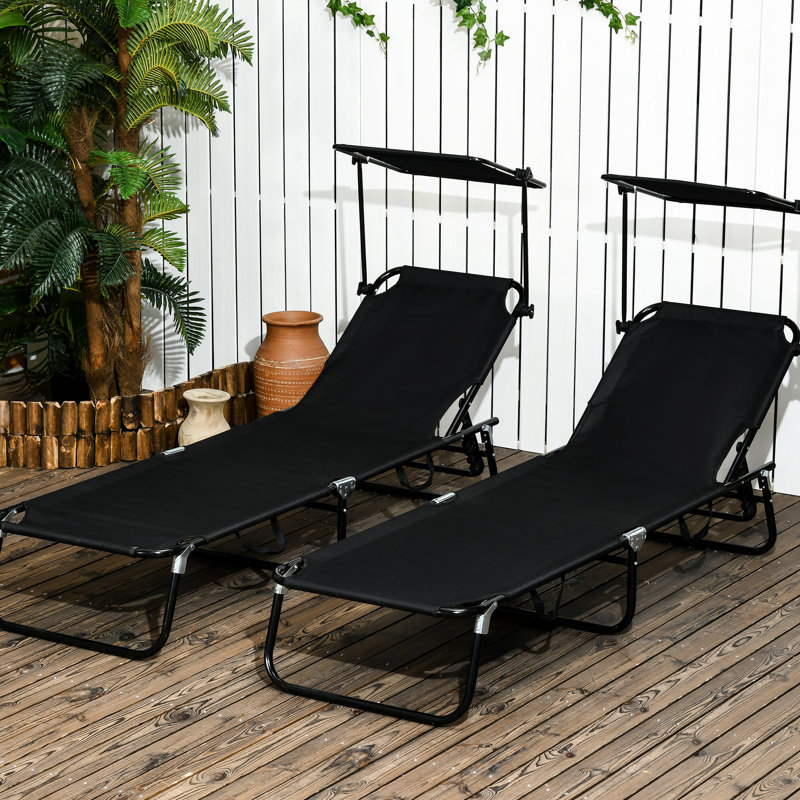 Beach Chairs With Canopy And Reclining Function - Foldable, Steel Frame, Side Pocket Black For Patio, Pool, Yard Poolside Foldable Feature, Pocket, Sunshade Outdoor Use In Beach, Yard, Patio