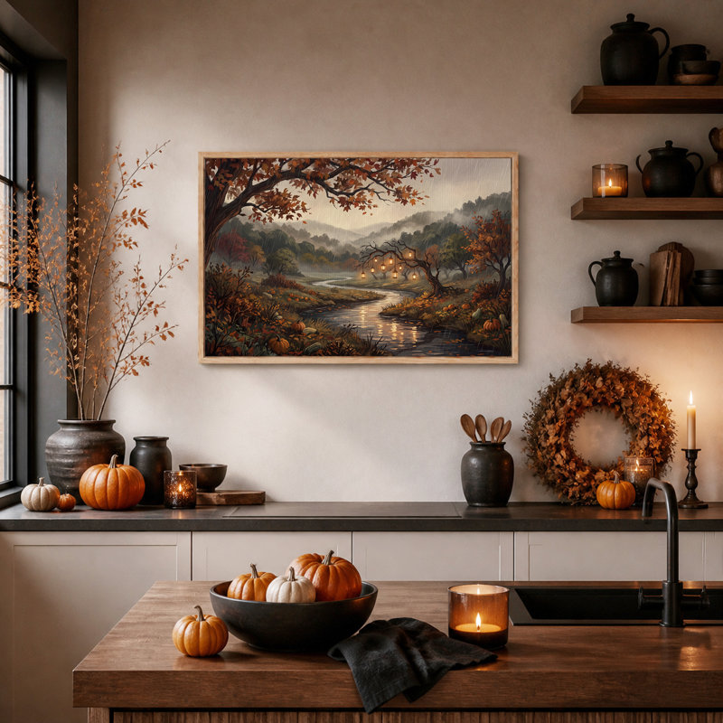 Automne rivière avec citrouilles et lanternes, art mural d'Halloween, H 18 po x l 24 po