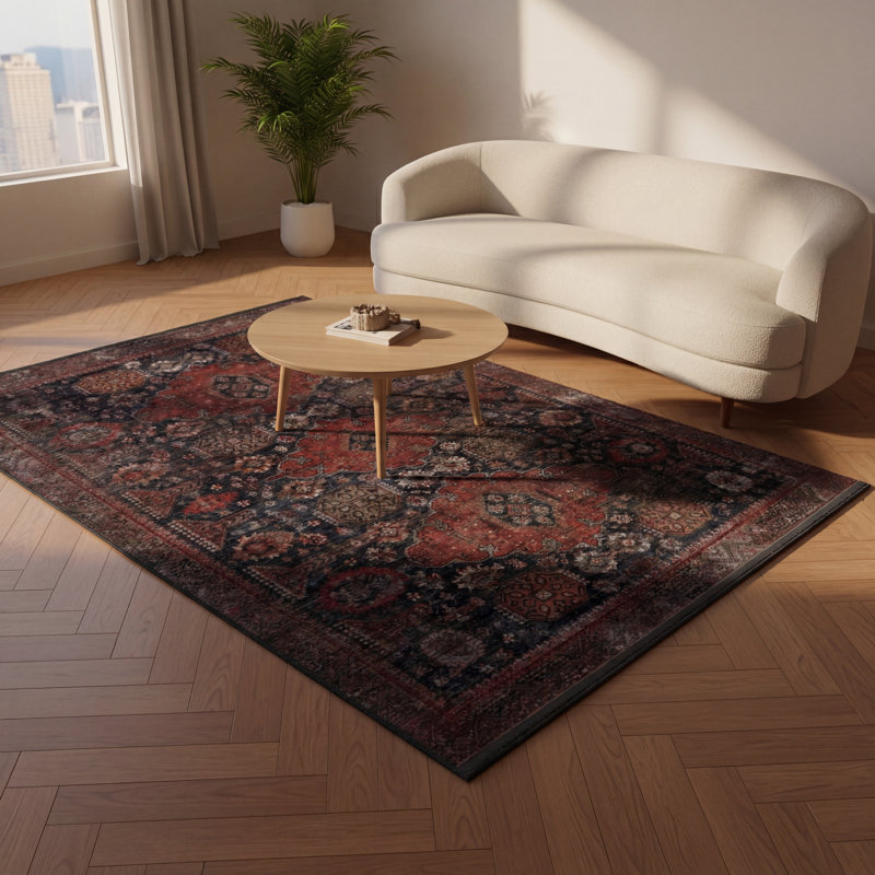 Claret Black Themed Traditional Motif Ethnic Floral Patterned Creative Vintage Decorative Carpet, Rectangle 3'4" x 6'7"