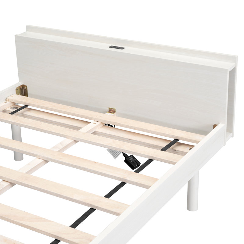 Bed Frame With Built-in USB Port on Shelves Headboard, White Washed