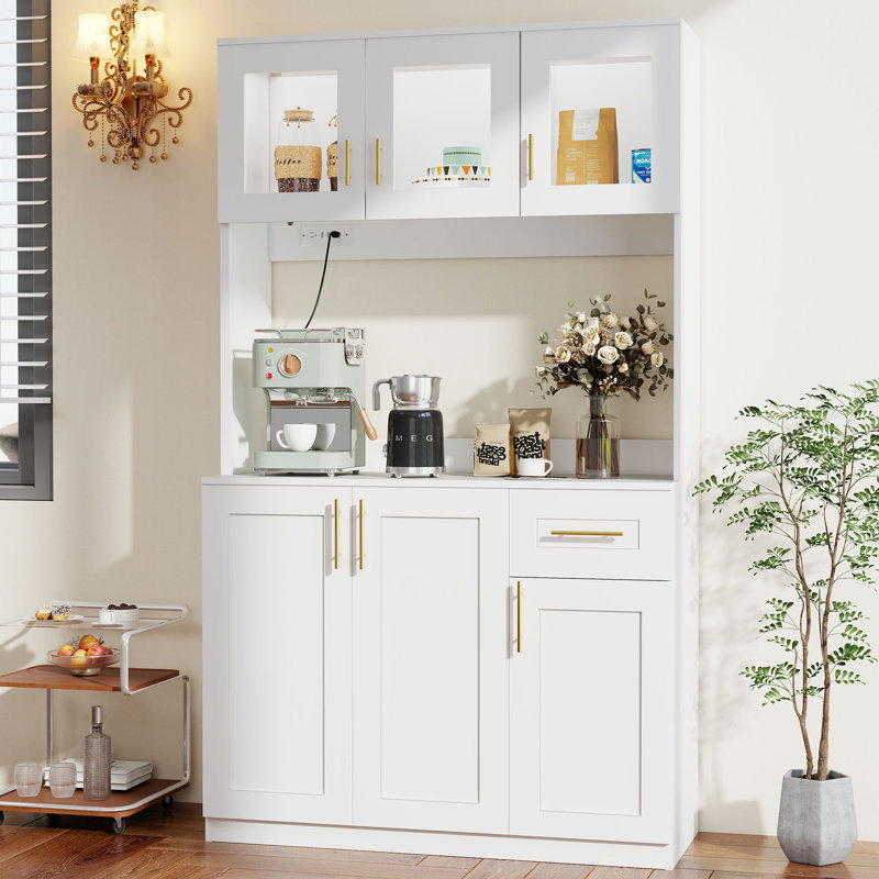 71'' H Kitchen Pantry Cabinet with Power Outlet, Hutch, Glass Doors & Drawer, White