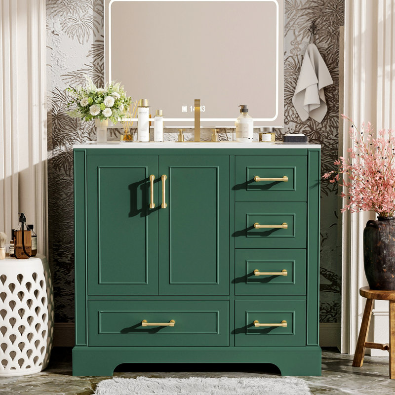 Meuble-lavabo avec lavabo, armoire de salle de bain avec quatre tiroirs et deux portes à fermeture en douceur, Vert/doré