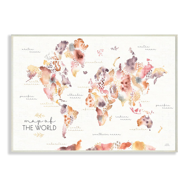 Carte du monde à fleurs abstraites ca-471, H 13 po x l 19 po x P 0,5 po, Plaque murale