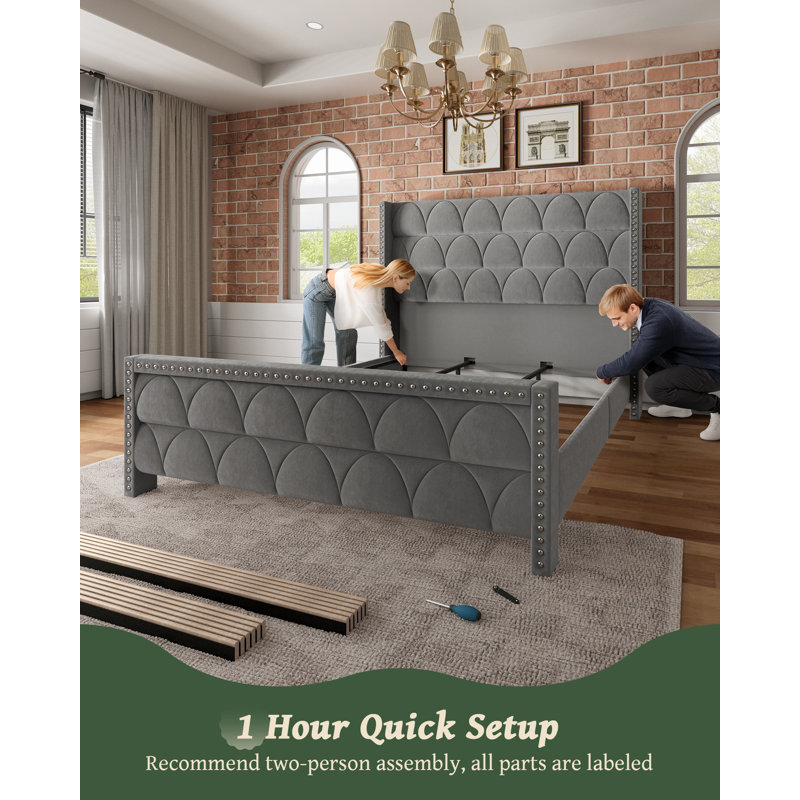 56" Velvet Wingback Bed Frame