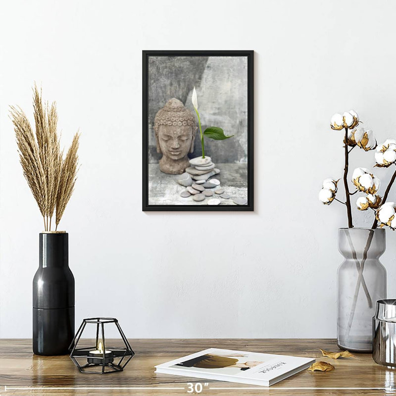 Tête de bouddha zen, 9 po x 13 po, Cadre flottant noir