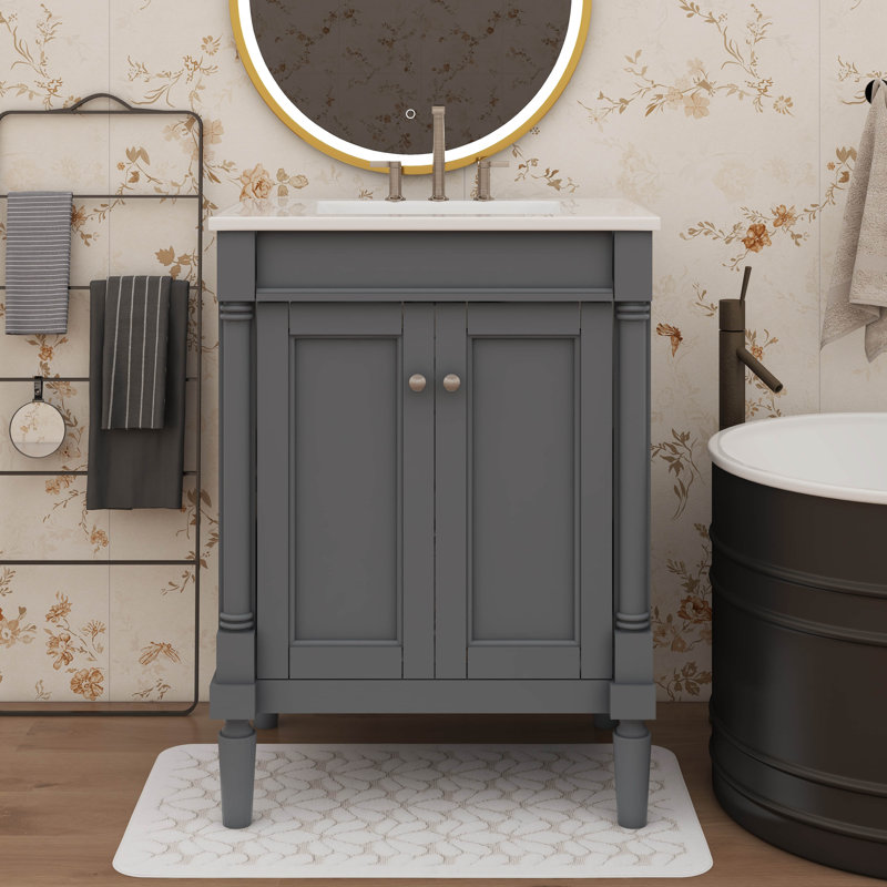 Meuble-lavabo chic 24 po avec lavabo sur le dessus et armoire de rangement à 2 niveaux, Gris, Argent argent