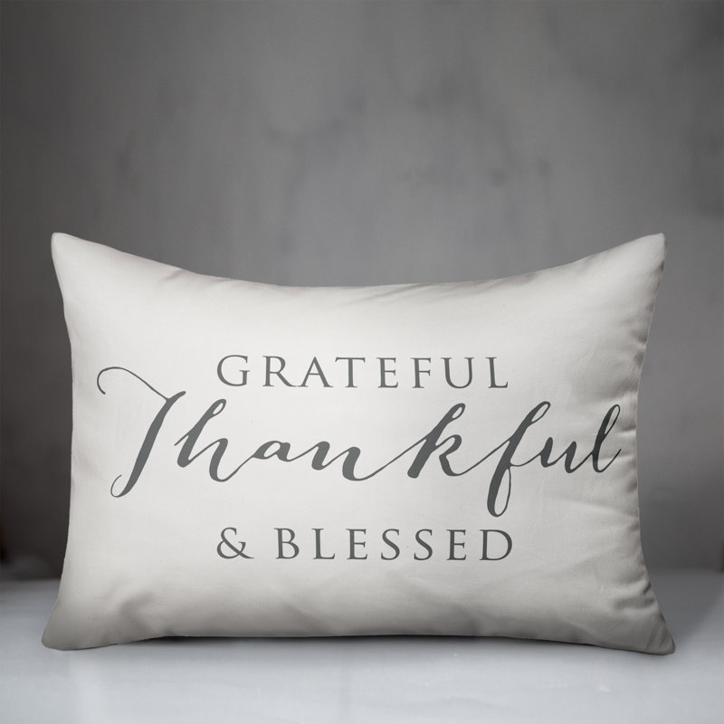 Housse et insert de coussin rectangulaire d'extérieur Grateful Thankful Blessed, Blanc / Gris