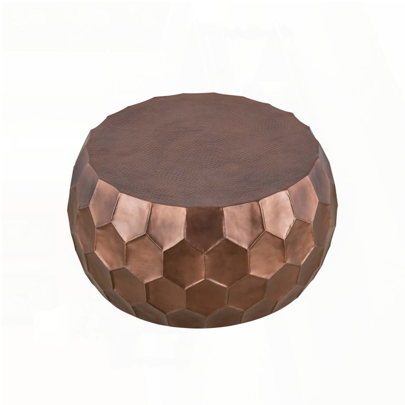 Round Hand-Hammered Coffee Table with Diamond-Patterned Base – Copper