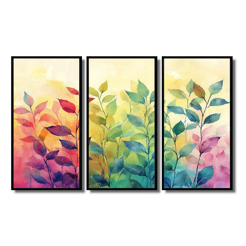 Neon Plants Pop Art - Art mural sur toile Herbs - 3 panneaux, Noir, Impression encadrée sans passe-partout, H 28 po x l 36 po
