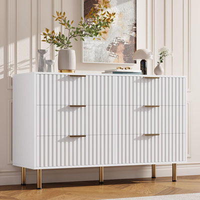 Fluted 6 Drawer Wide Dresser, Modern Chest with Spacious Deep Drawers, Wooden Organizer Ideal for Living Room, Hallway, or Kids Room, White