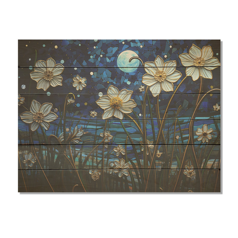 Moonlight Flower Field Dreams - Wildflowers, panneau mural en bois sur bois de pin naturel, H 10 po x l 20 po