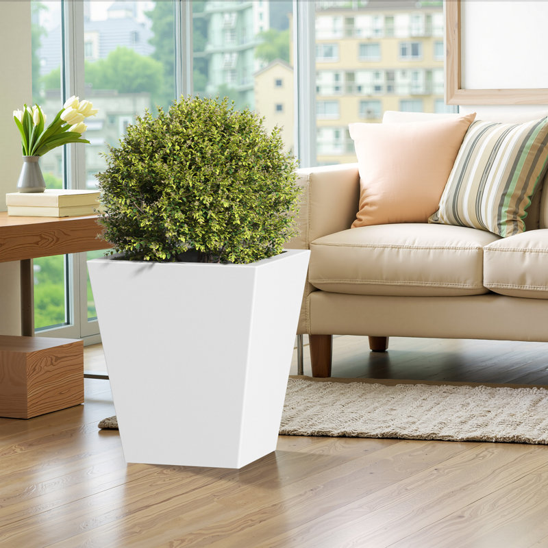 Tall Metal Tapered Planter – Large Outdoor & Indoor Garden Plant Pot With Drainage Hole And Rubber Plug, White