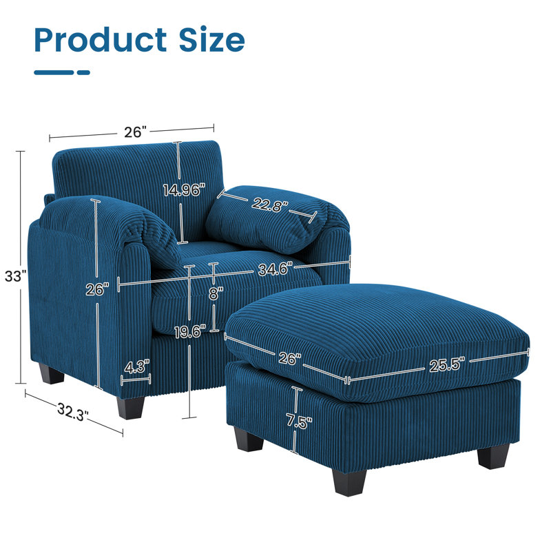 Fauteuil d'appoint 34,6 po avec repose-pieds, Velours côtelé bleu marine