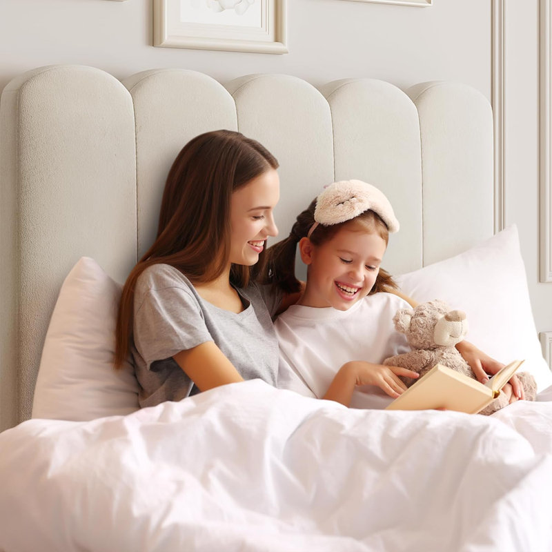Twin Upholstered Platform Bed with Wave Headboard and Storage Drawer, Velvet White Bed Frame with Wooden Slats, No Box Spring Needed, Set of 2