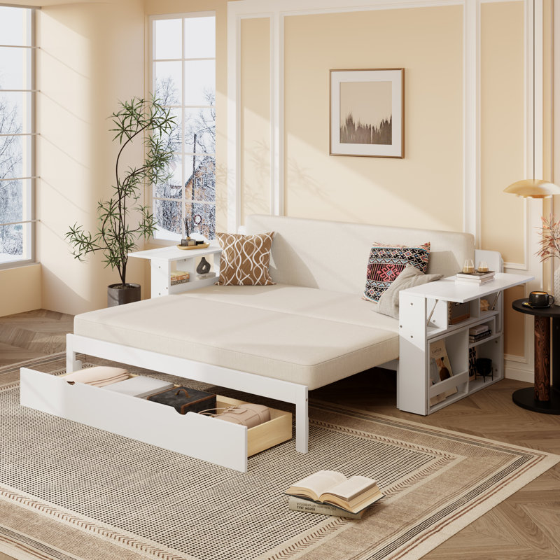  4-in-1 Queen Size Daybed with Desk, Storage Drawers and Hydraulic Table, White, White, Queen
