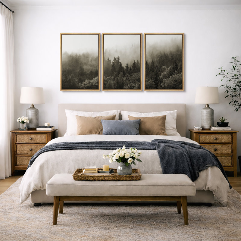 Misty Forest Landscape "Nature Pine Tree Artwork, Modern Woodland Nursery Wall Decor, Large Framed Canvas Giclee Print 3 Pieces Wall Art Set"  16x24x3 pcs, 24x36x3 pcs 