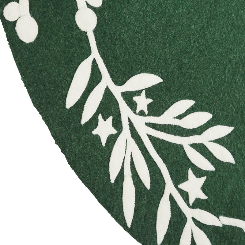 Handmade Christmas Tree Skirt in Felt - Branches and Stars on Gray, 60", Green