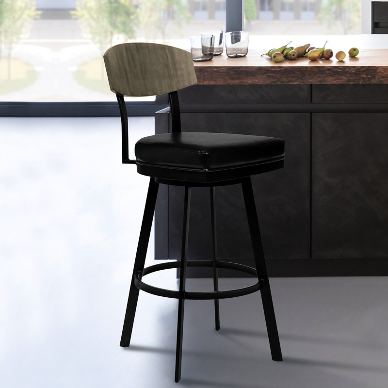 Style Mid-Century au fini noir mat, similicuir et noyer gris, siège pivotant carré confortable, arrondi, charge de 250 lb, assemblage facile avec capacité de 30 po, à assembler