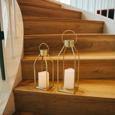 Decor Modern Farmhouse Lantern Decor Gold Metal Candle Lanterns For Christmas Lanterns Decorative W/Timer Flickering Candles For Living Room, Home, Indoor, Outdoor, Table,Fireplace Mantle Decor