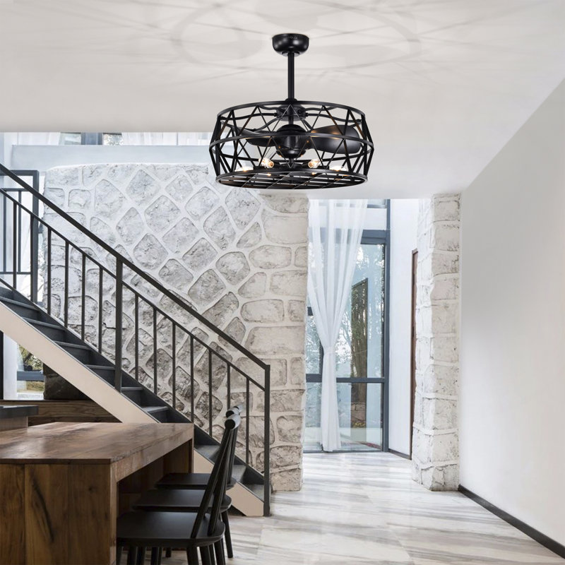 26 Inch Industrial-Contemporary Style Matte Black Oil-Rubbed Finish Ceiling Lighted Fan with Remote