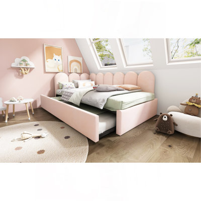 Lit de jour rembourré avec lit escamotable, canapé-lit simple simple, lits d'invités pour adultes et enfants, lit à lattes en métal, velours, rose (sans matelas)