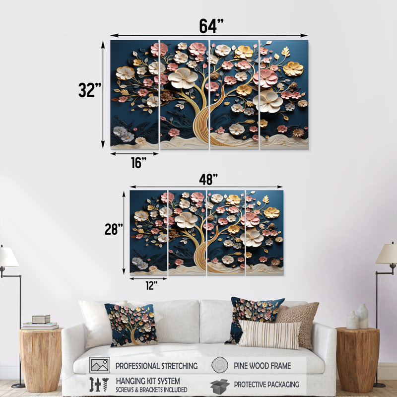 Orchidée rose et bleue, ensemble de 4 pièces d'art mural Garden of Branches, H 28 po x l 48 po