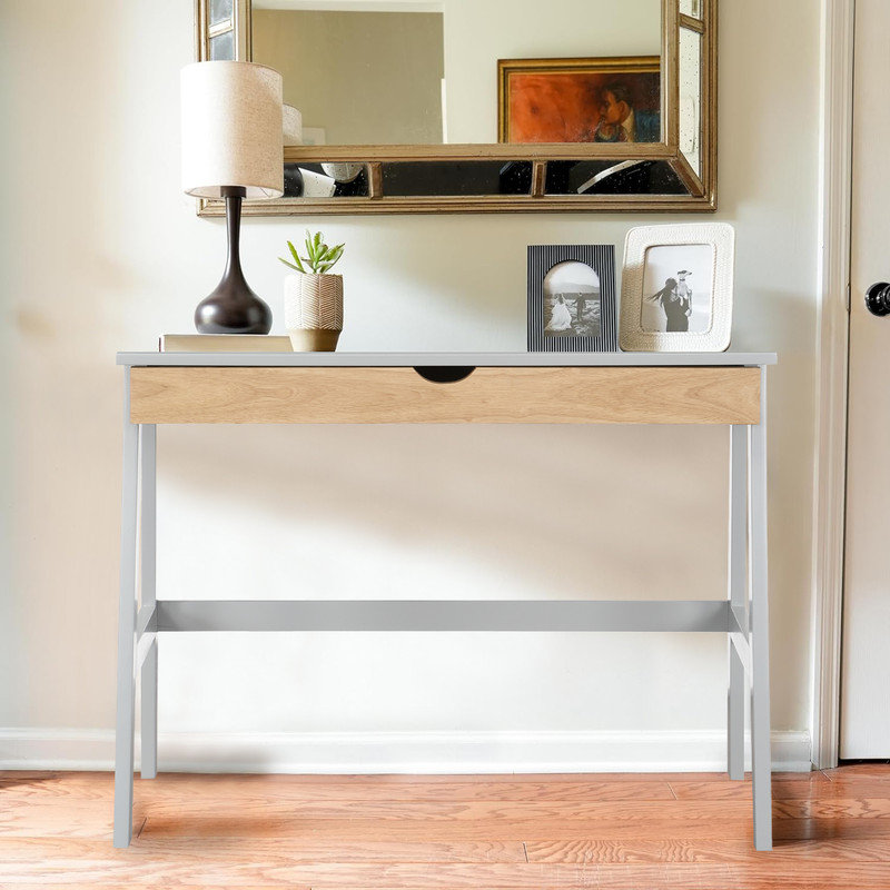 Bureau minimaliste moderne en bois massif avec tiroirs et pieds trapézoïdaux Hilton, Gris