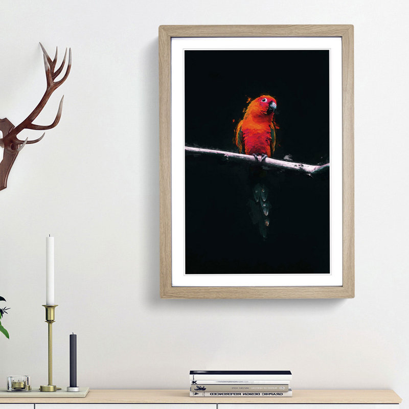 Perched Parrot in Abstract - Picture Frame Graphic Art Print, 36cm H x 27cm W x 2cm D, Oak Framed