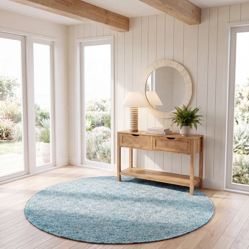 Tapis géométrique bleu en laine et coton tissé à la main Tulane, Rond 7 pi