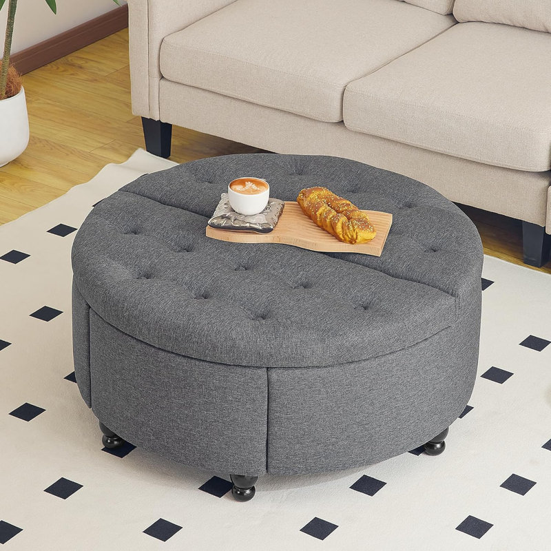35" Wide Round Ottoman With Storage, Round Storage Ottoman, Tufted Round Ottoman Coffee Table Fabric Round Coffee Table Ottoman With Storage