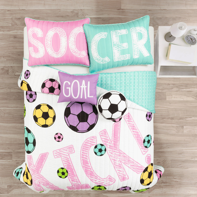 White and Turquoise Microfiber Reversible Soccer Quilt Set for Girls